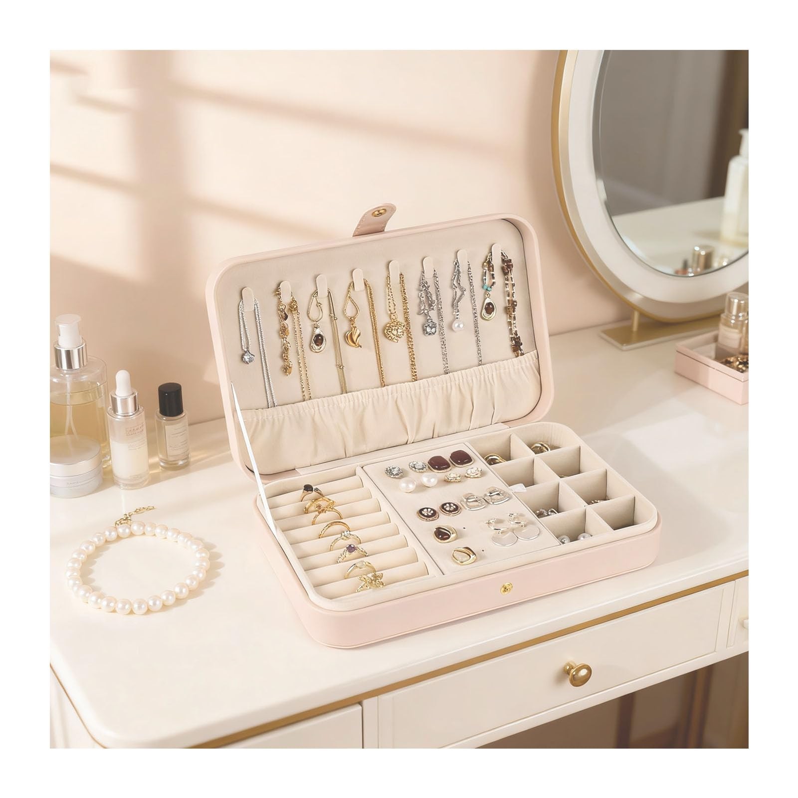 Luxury Small Travel Jewelry Box with Earring Compartments, Rectangle Jeweller...