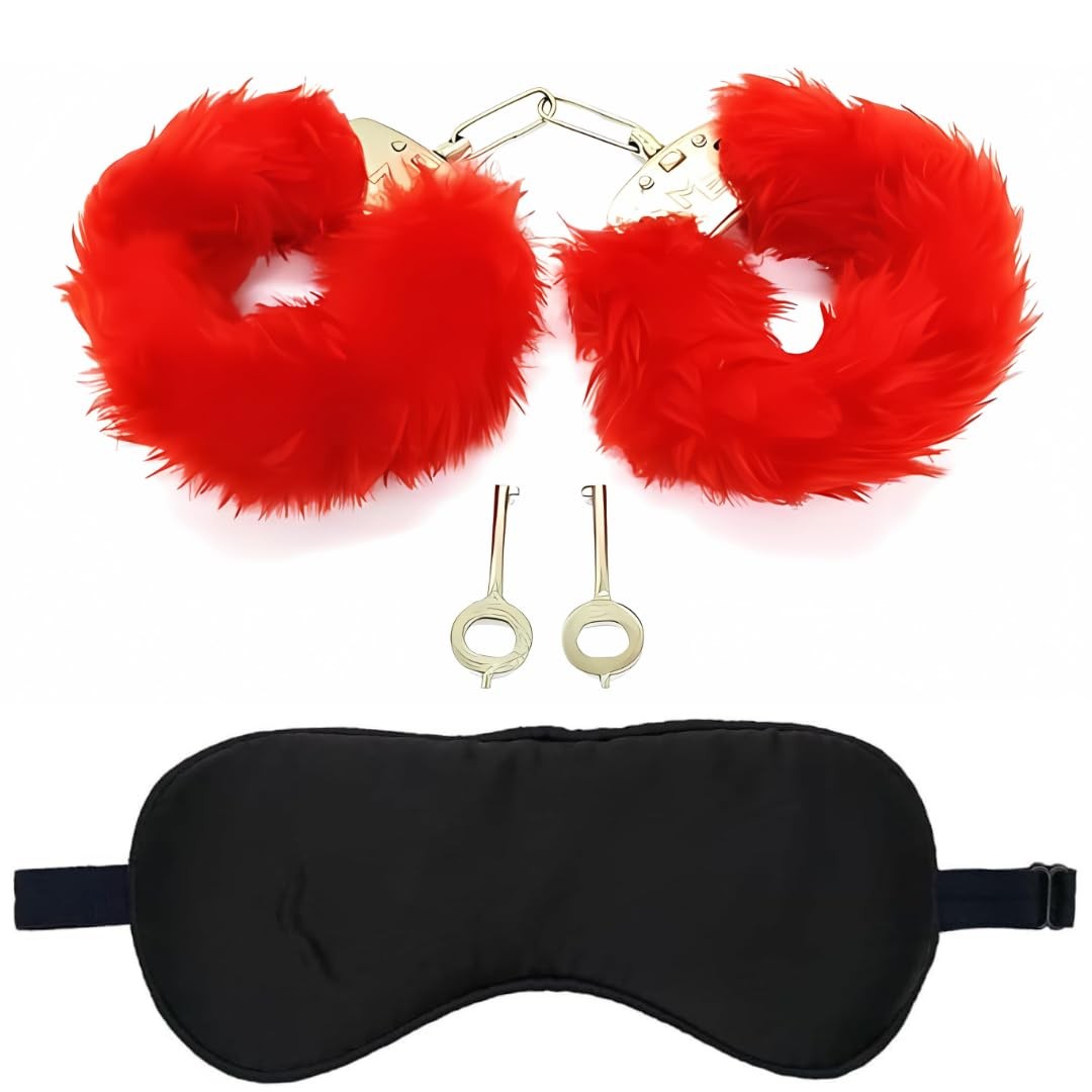 Stainless Steel Handcuff with Fur & Eye Mask Combo for Role Play Theatre