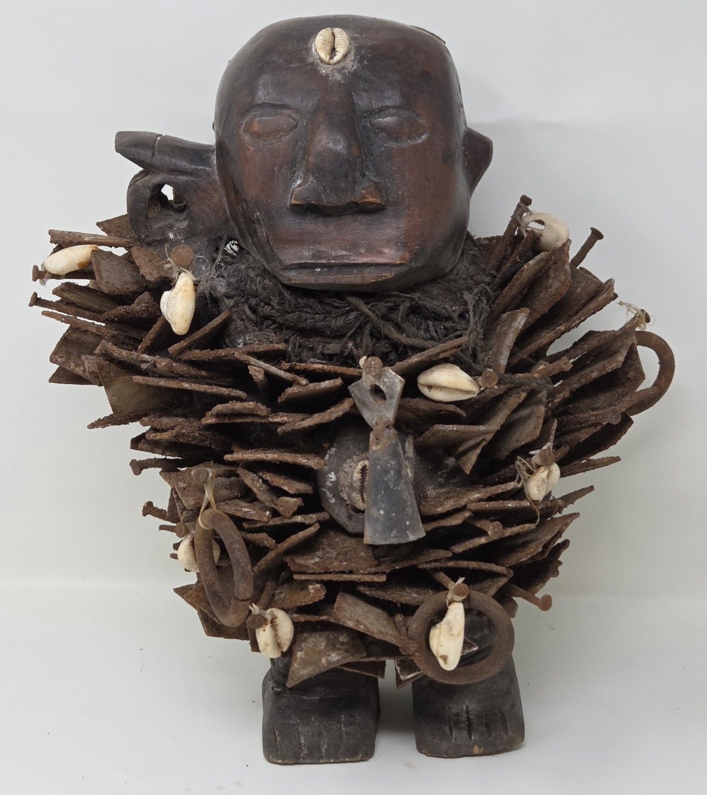 Vintage African Kongo Nkisi Power Figure – Carved Wood Statue w/ Iron Blades