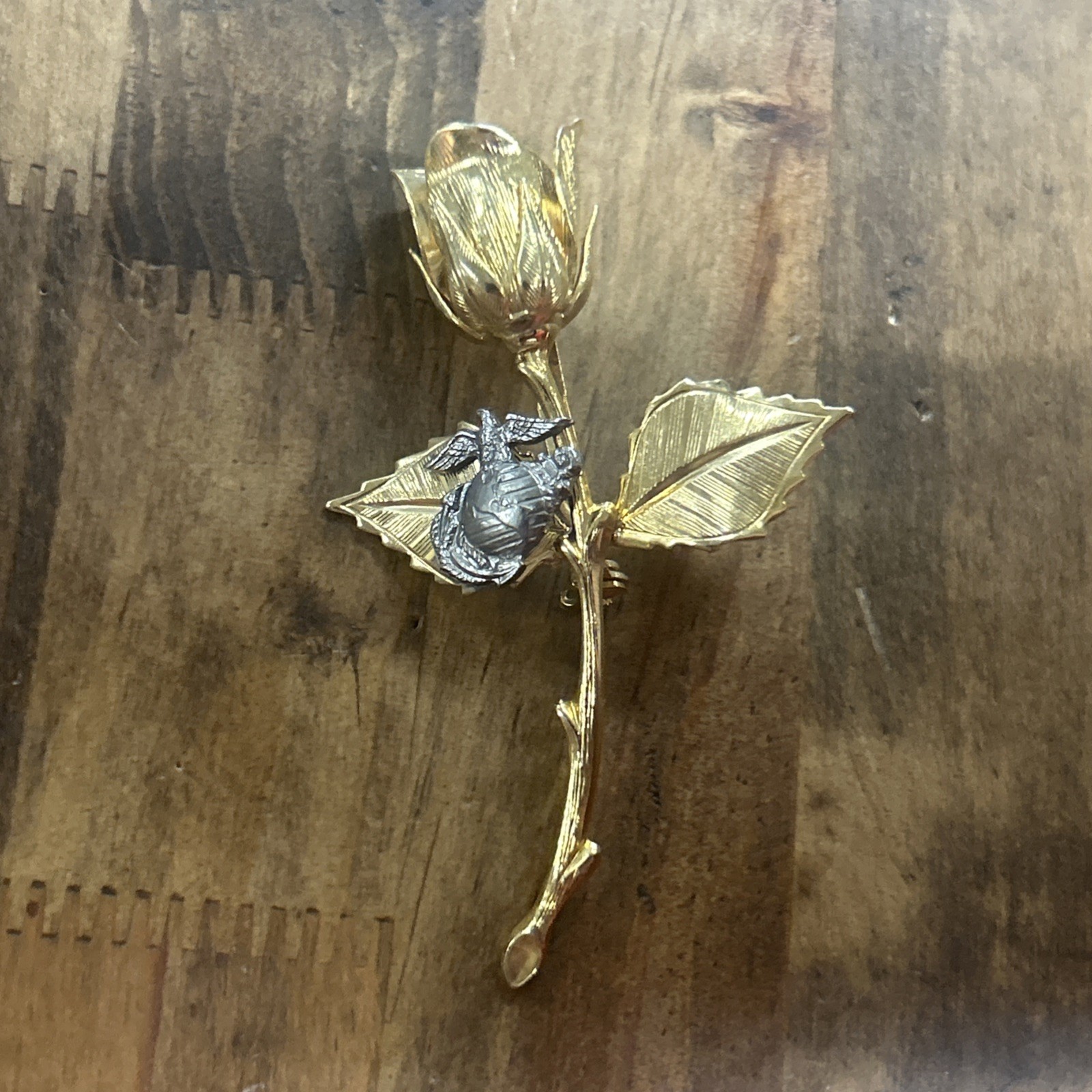 Gold Tone USMC Marine Corps Floral Rose Brooch Pin