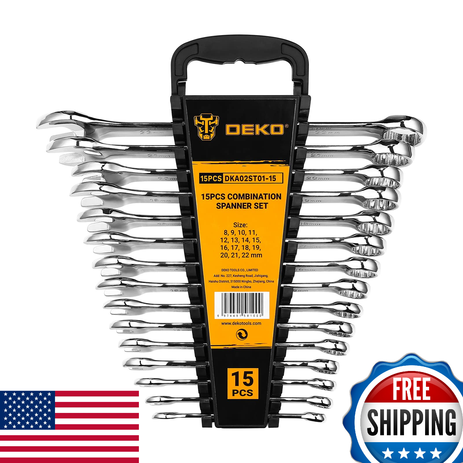 DEKOPRO 15-Pcs Metric Combination Wrench Set 8-22mm 12-Pt Chrome Vanadium