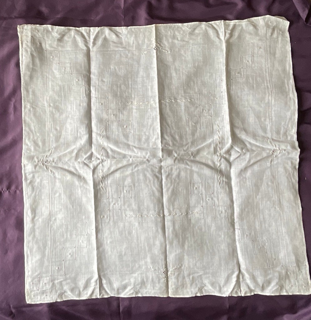 Vintage Handmade Cream Linen table cloth 85 x 85  cm