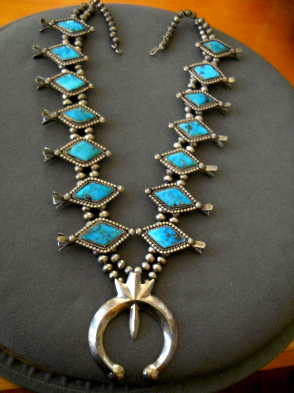YELLOWHORSE Native American Navajo Turquoise .925 Silver Squash Blossom Necklace