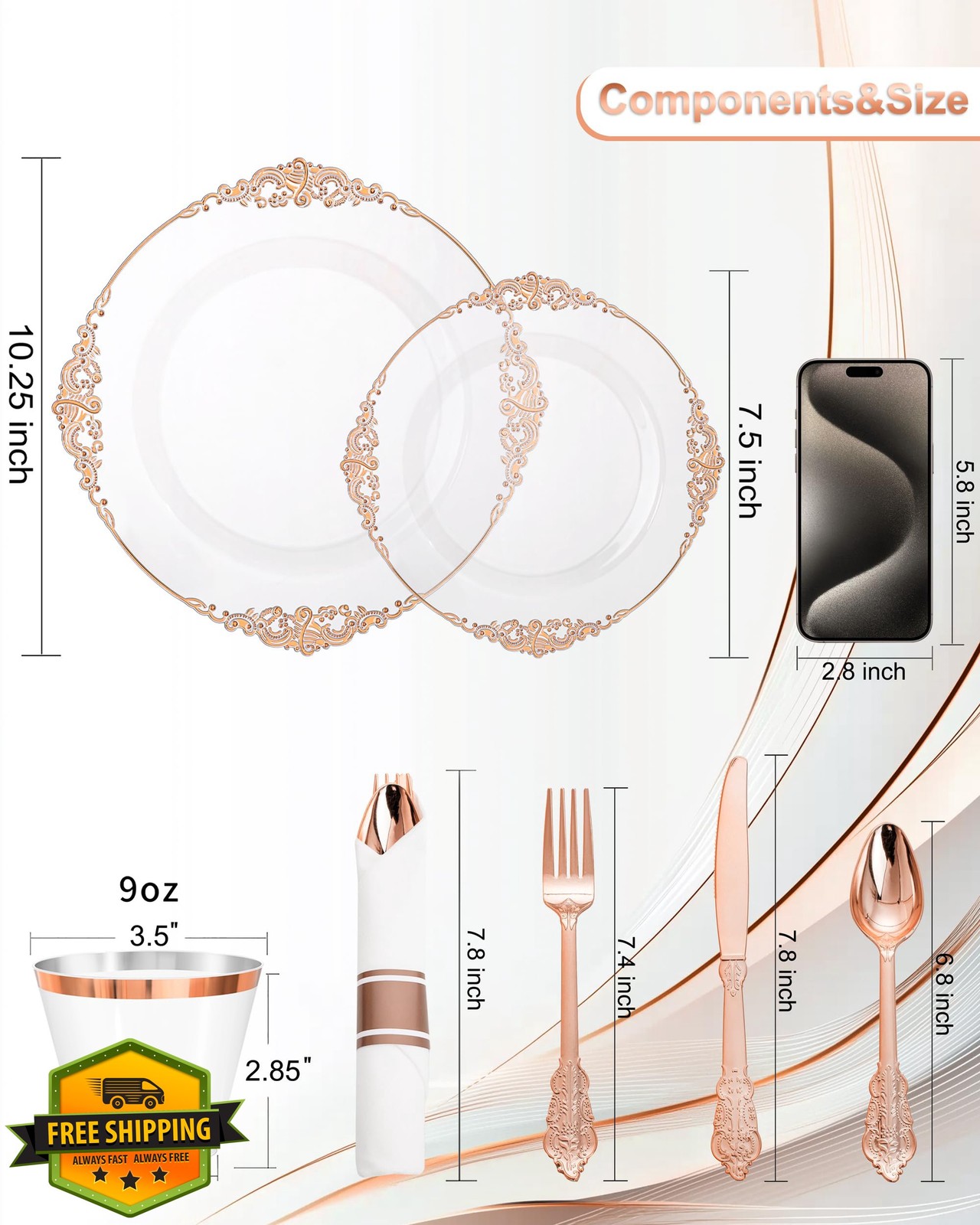 Nervure 175pc Rose Gold Plastic Plates Party Set 25 Guests