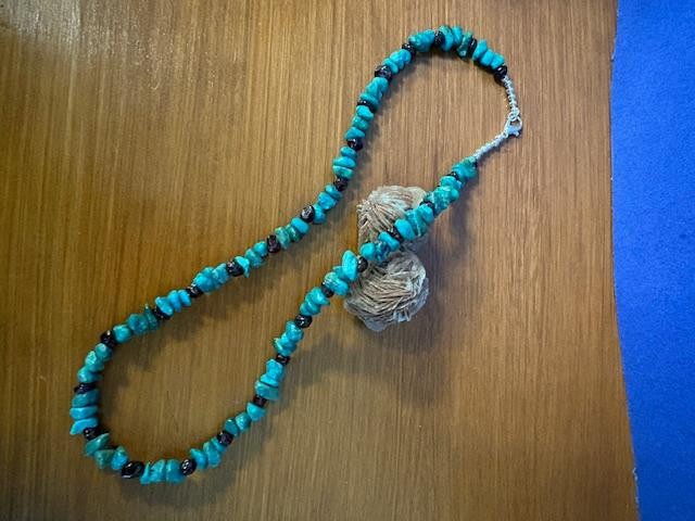 Natural Turquoise Nuggets with Polished Garnet and Silver Plate Clasp