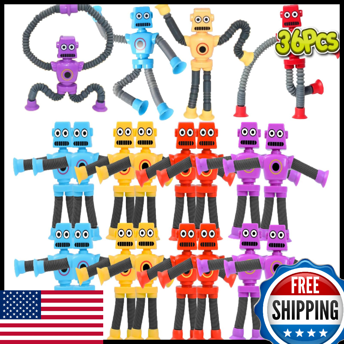 36PCS Telescopic Suction Cup Robot Toy Pop Tubes for Kids Toddler Travel