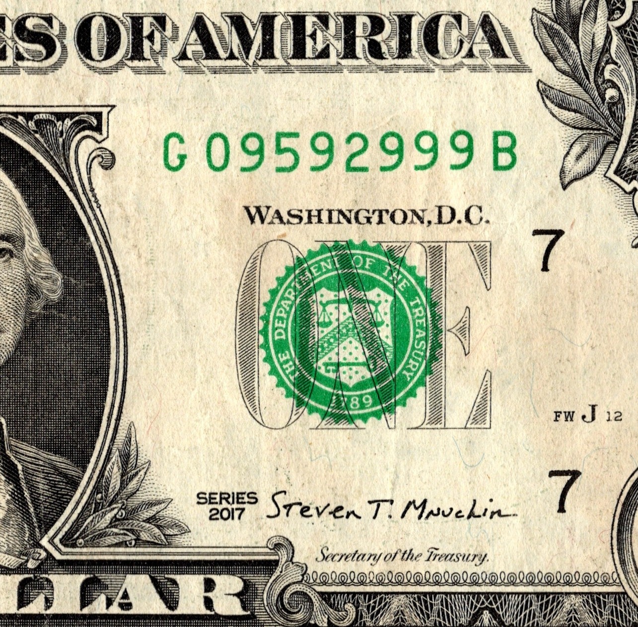 Five of a kind Fancy Serial Number One Dollar Bill G09592999B