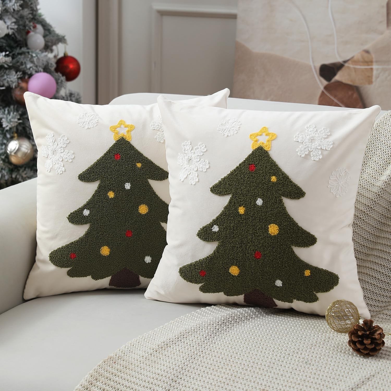 Christmas Pillow Covers 18x18 inch Set of 2 Forest Green Christmas Tree Snowf...