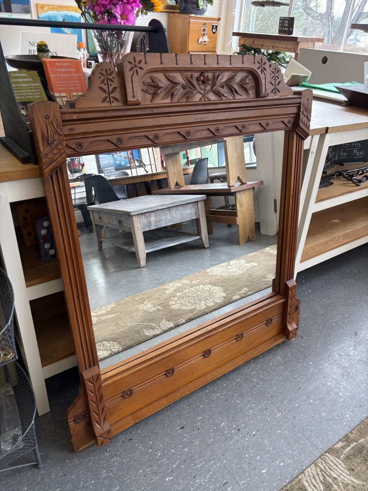 Victorian Antique Ornate Wooden Framed Mirror with Carved Floral Design