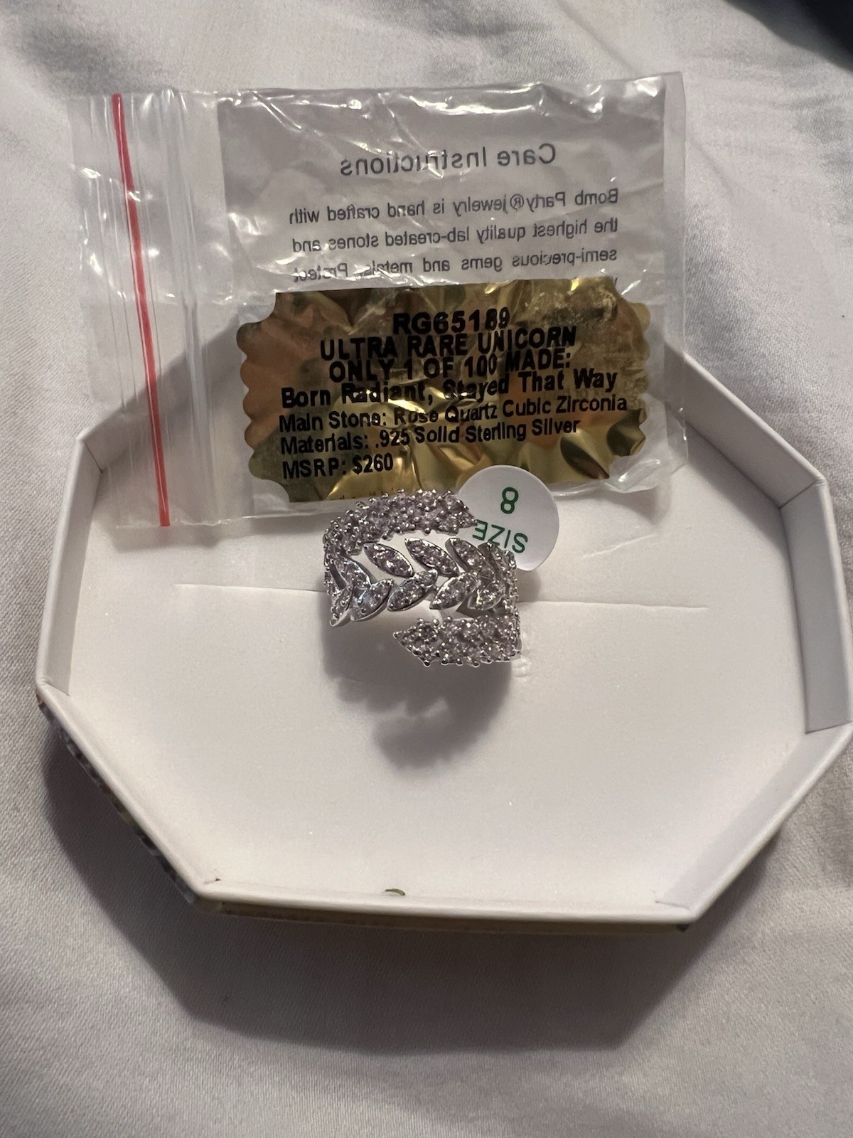 BP Ultra Rare Unicorn Size 8 Ring Sterling Silver Rose Quartz Cubic Zirconia