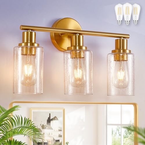 DLLT Bathroom Light Fixtures: Gold Modern 3-Light Brushed Gold & Bubbled Glass