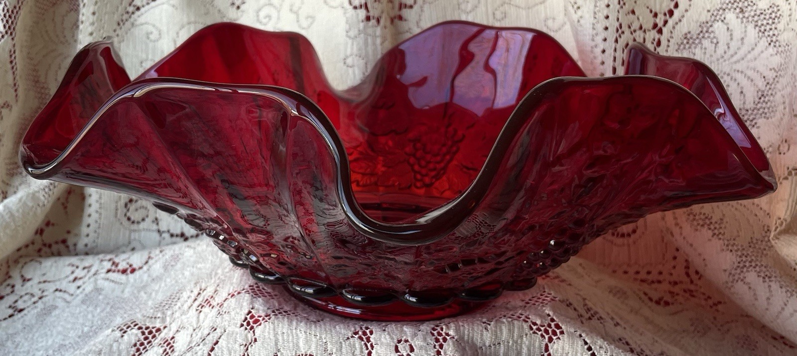 Panel Grape Ruby 14” Round Crimped  Glass Bowl by LG Wright