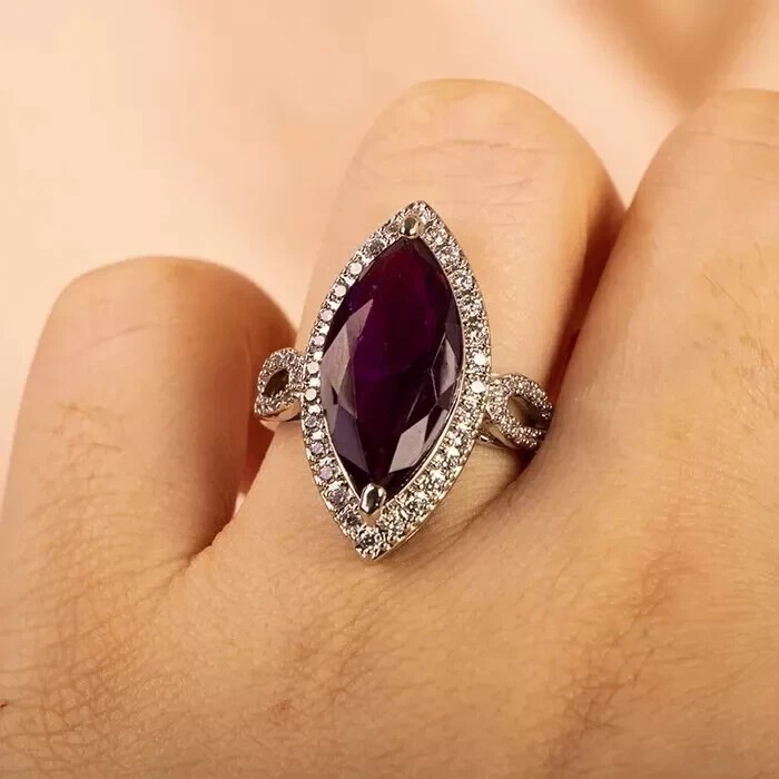 Marquise Cut Simulated Amethyst Women's Engagement In Ring 14K White Gold Plated