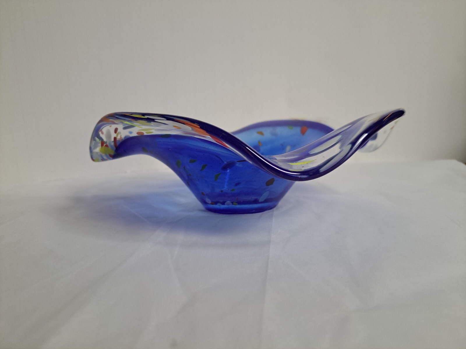 Cobalt Blue Art Glass  End Of Day Ruffled Edge Catch All / Candy Dish Bowl 