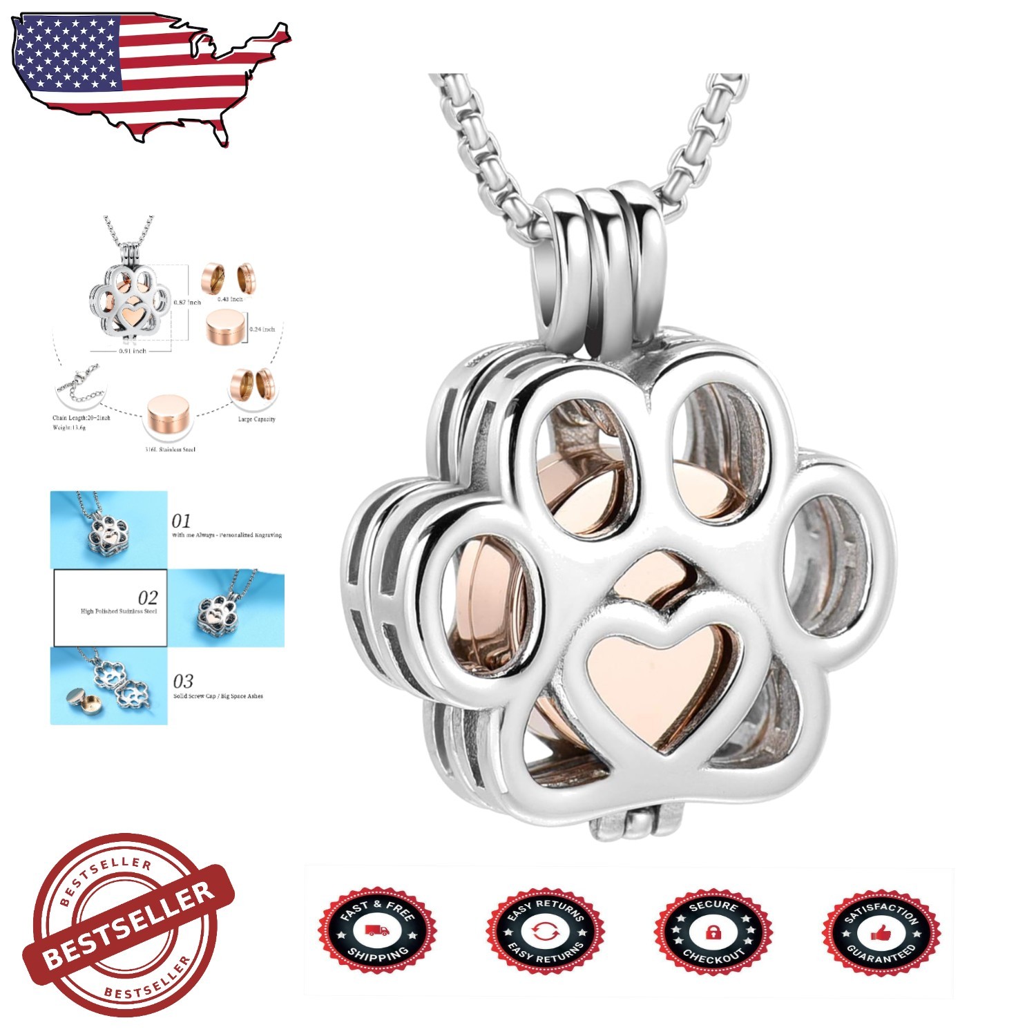 Silver-Rose Gold Pet Ashes Urn Necklace 316L Steel Memorial Locket