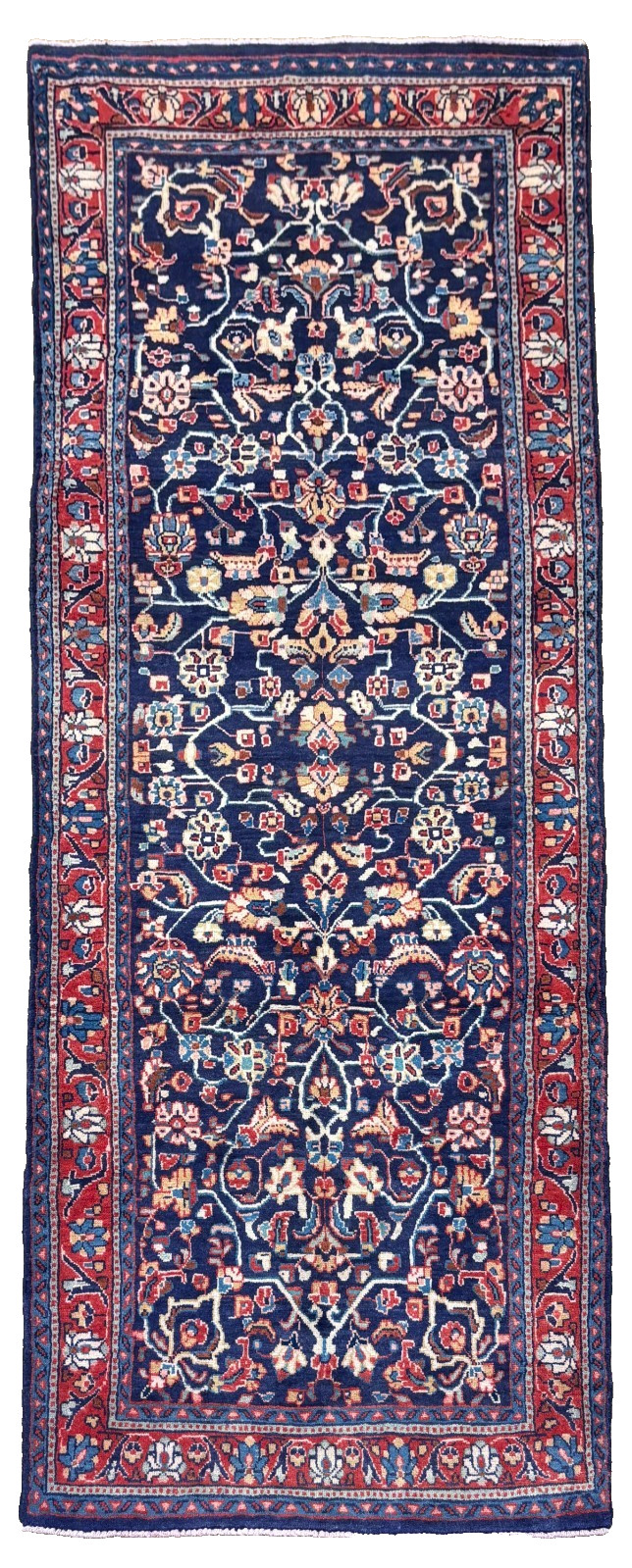 Hand Knotted Wool Runner 3’6”x10’5” Navy Geometric Tribal Oriental Rug