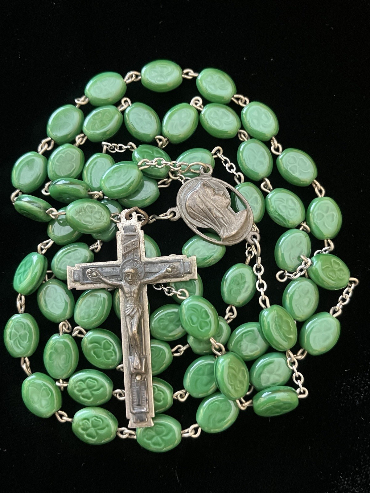 Vintage Irish Green Stone Shamrock Our Lady Beaded Rosary 25”