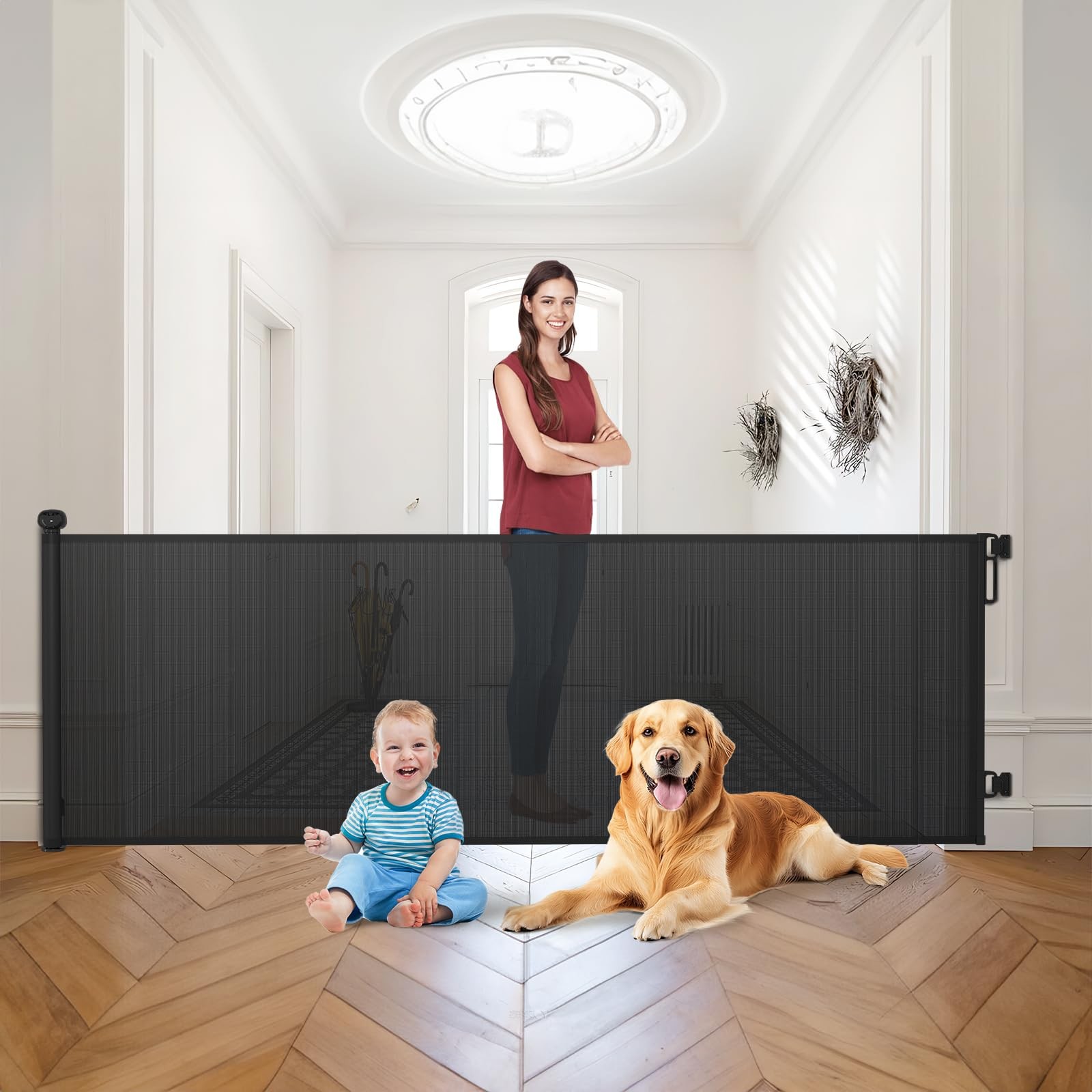 Retractable Baby Gates Extra Wide | 110" Wide x 34" Tall Dog Gates for Stairs...