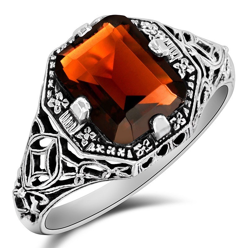 2CT Natural Fire Garnet 925 Solid Sterling Silver Filigree Look Ring Sz 9 XB3-5