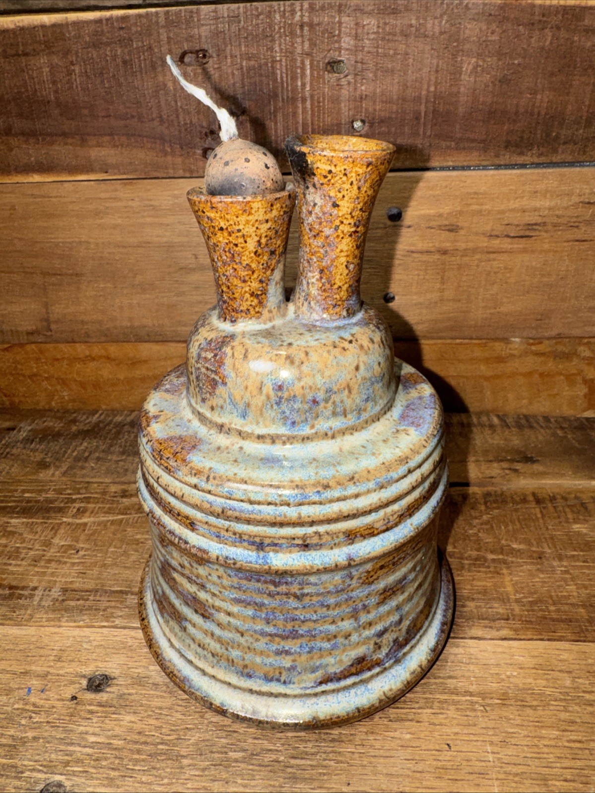 Studio Art Pottery Oil Lamp Oil Burner Stoneware Oil Lamp w/Wick 7” Dual Chimney