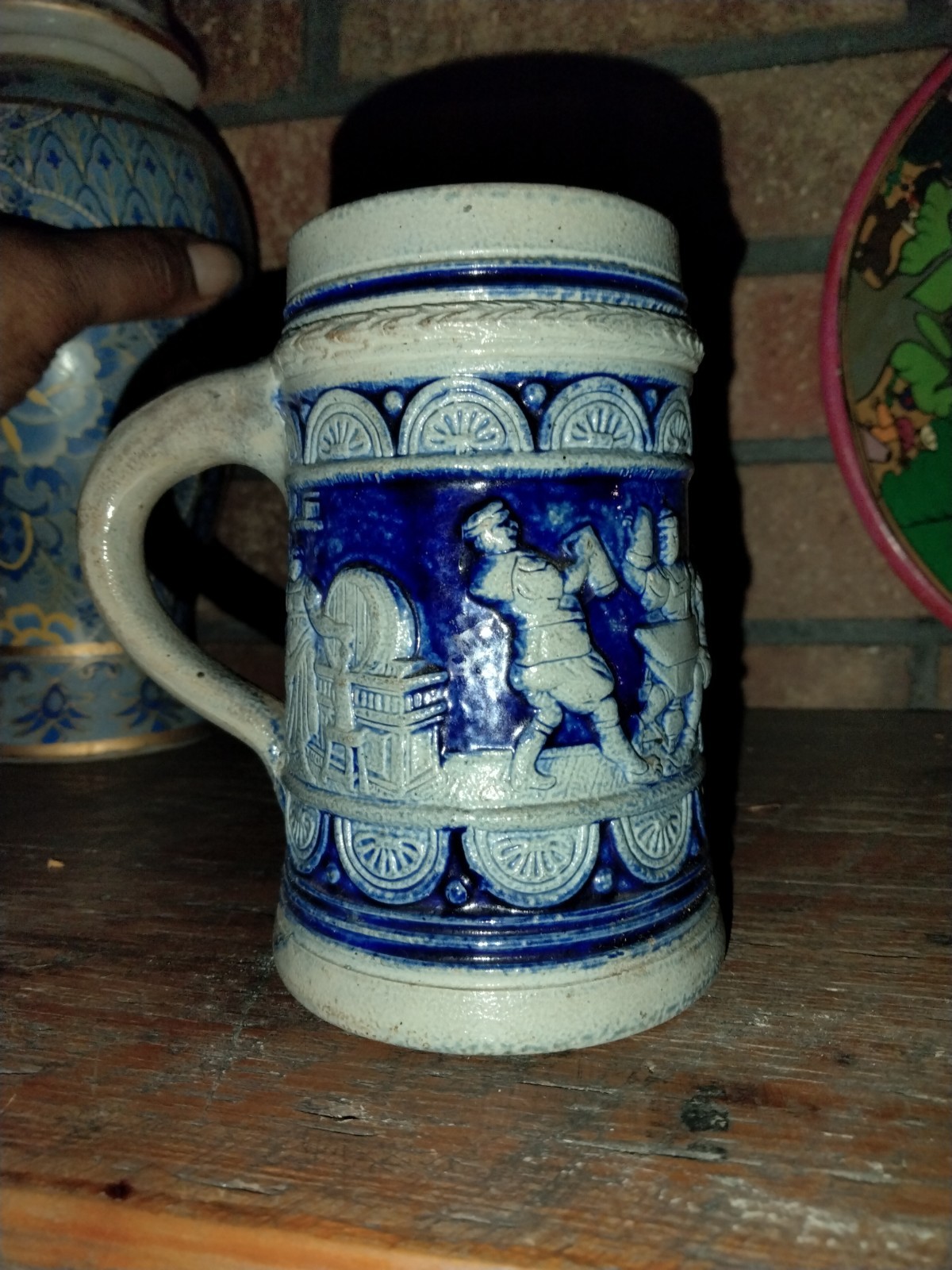German Beer Mug Blue Relief Brewer Scene Breweriana Collectible