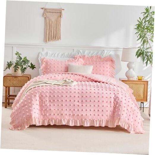 Tufted Dots Ruffle Comforter Set 3 Pieces Pink Twin Size Tufted Dots - Pink