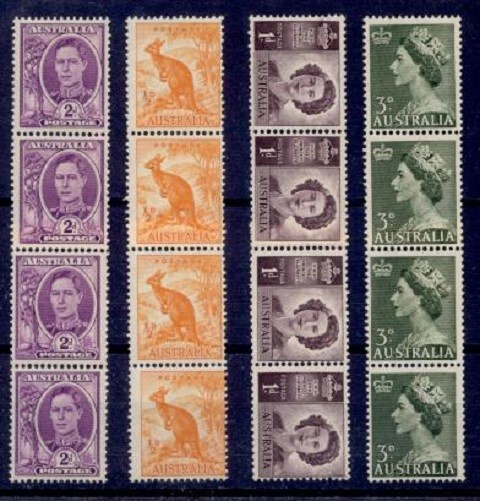 AUSTRALIA SG 179a, 204b, 222b, 262aa COIL STRIPS OF 4