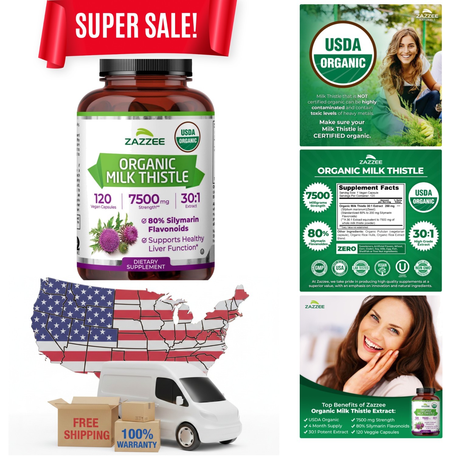 Zazzee USDA Organic Milk Thistle Extract 30:1, 80% Silymarin, 7500 mg Equival...