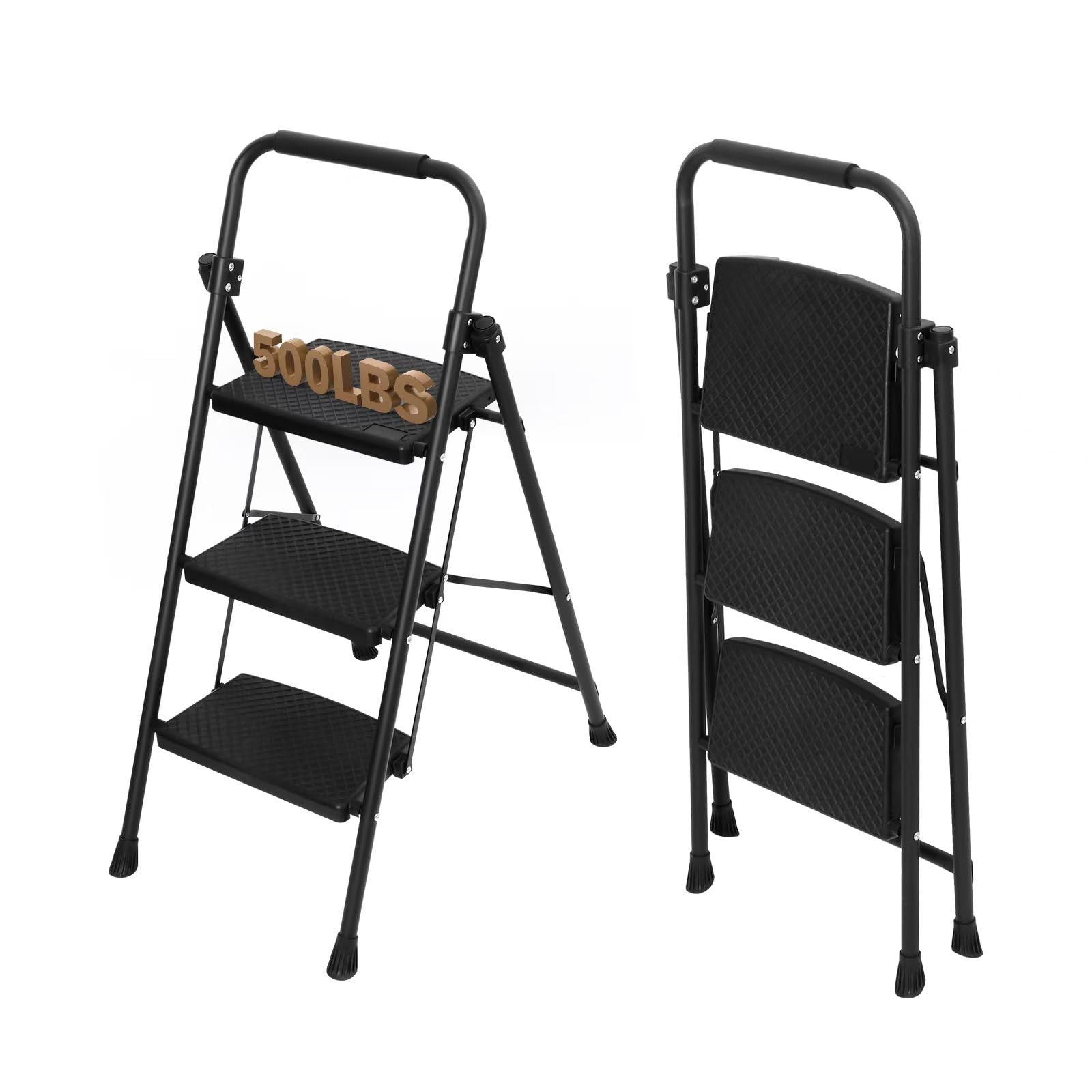 Step Ladder 3 Folding Stool for Adults 500lbs Capacity Portable Sturdy Steel