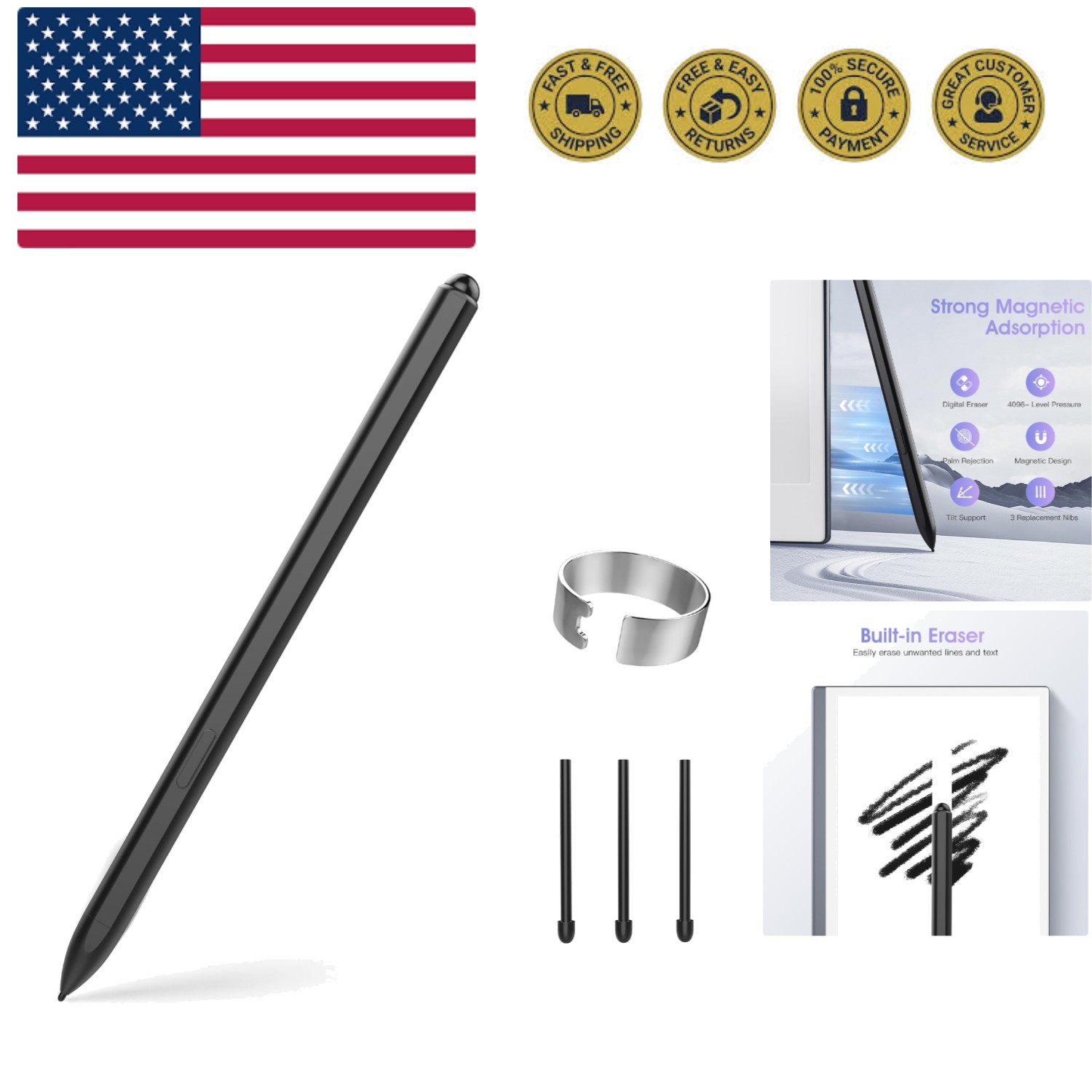 Magnetic EMR Pen Compatible with Remarkable 2, Digital Stylus with Eraser for...