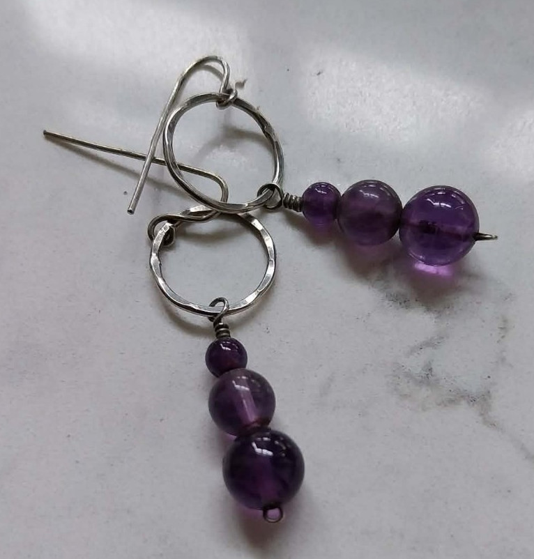Sterling Silver 925 Earrings drop 3.7cm Purple Amethyst beads x 3