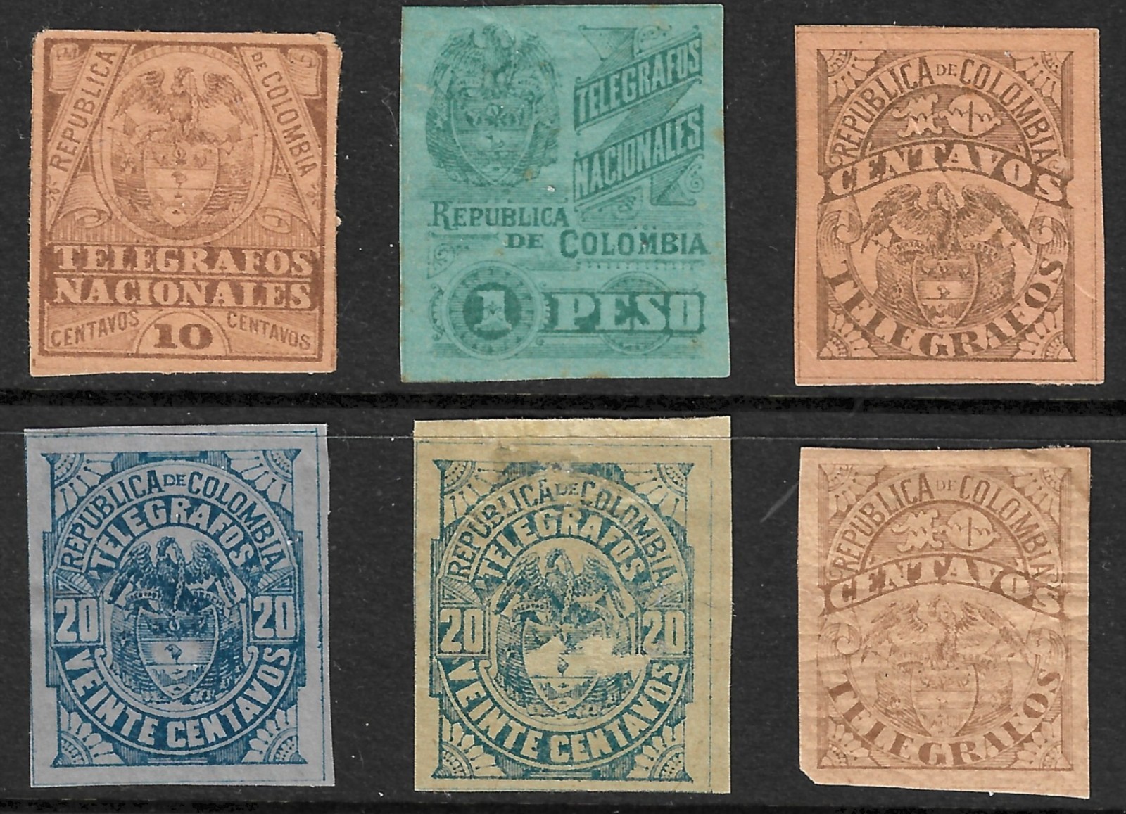 Colombia Telegraph Stamp Temprano 40, 43, 44, 45, 45a, 55 Mostly MH 1896-1904
