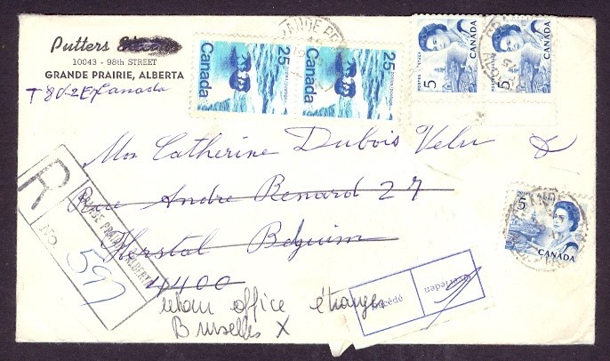 CANADA 1976 CENTENIAL COMBO REGISTERED TO BELGIUM REDIRECT w/LABEL RETURNED