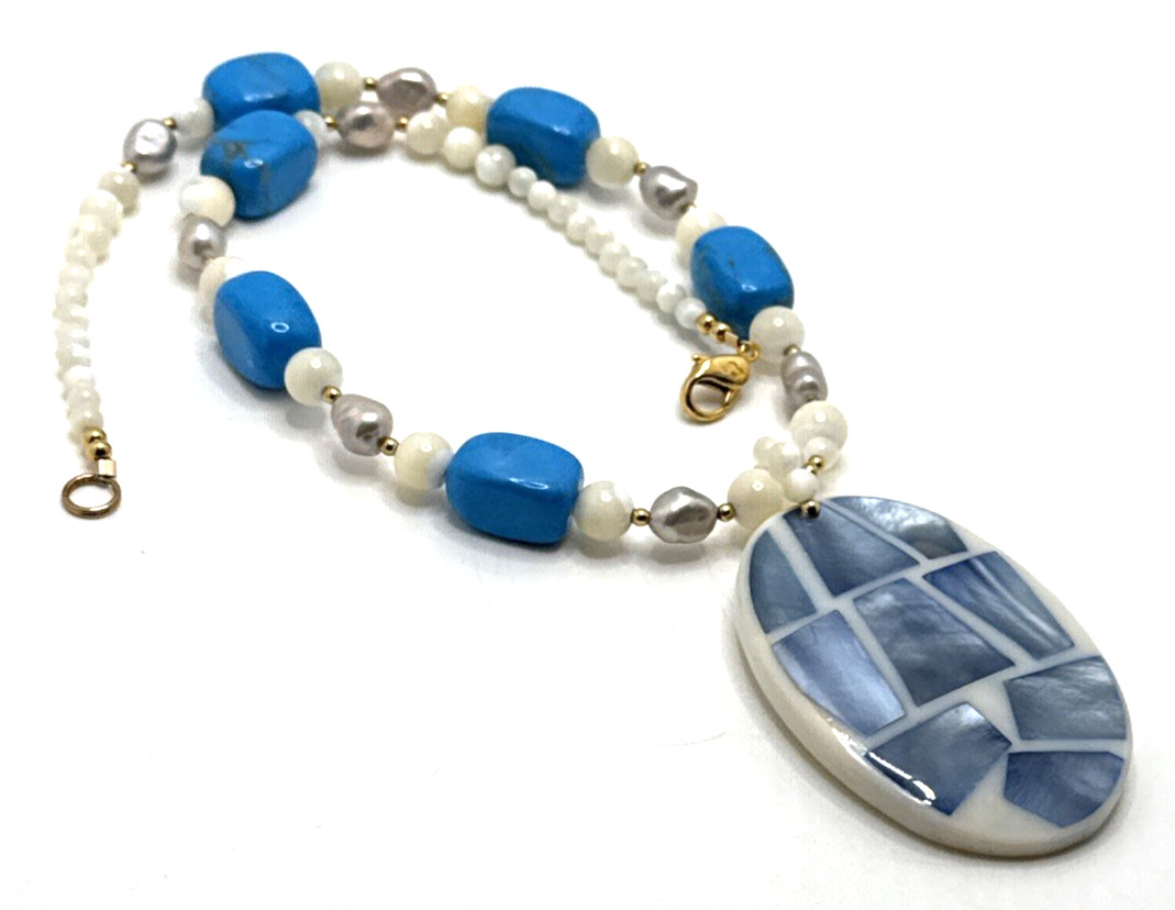 Vintage LEE SANDS Turquoise & Shell Bead Necklace Mother of Pearl Tile Pendant