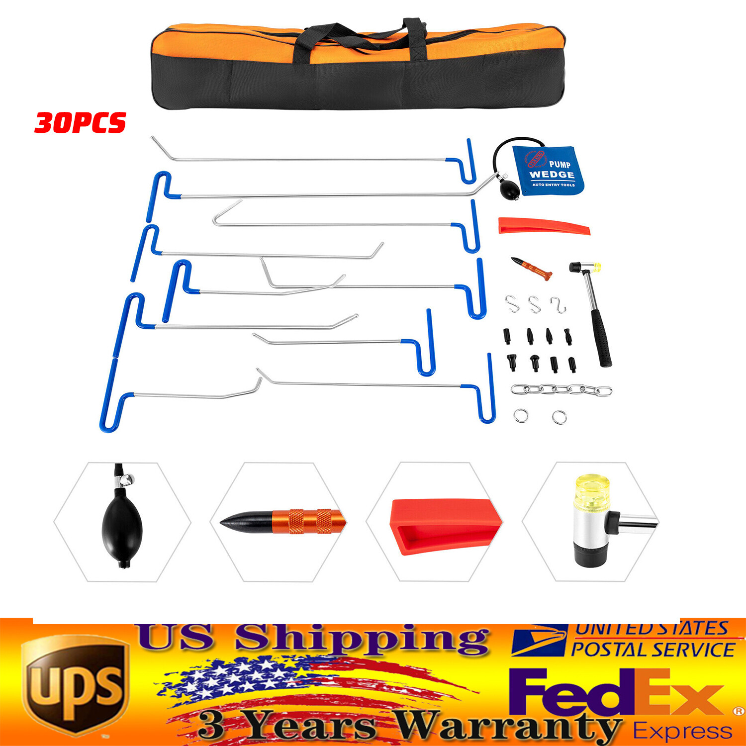 30PCS Car Dent Repair Kit with Rods, Paintless Hail Damage Removal Tools