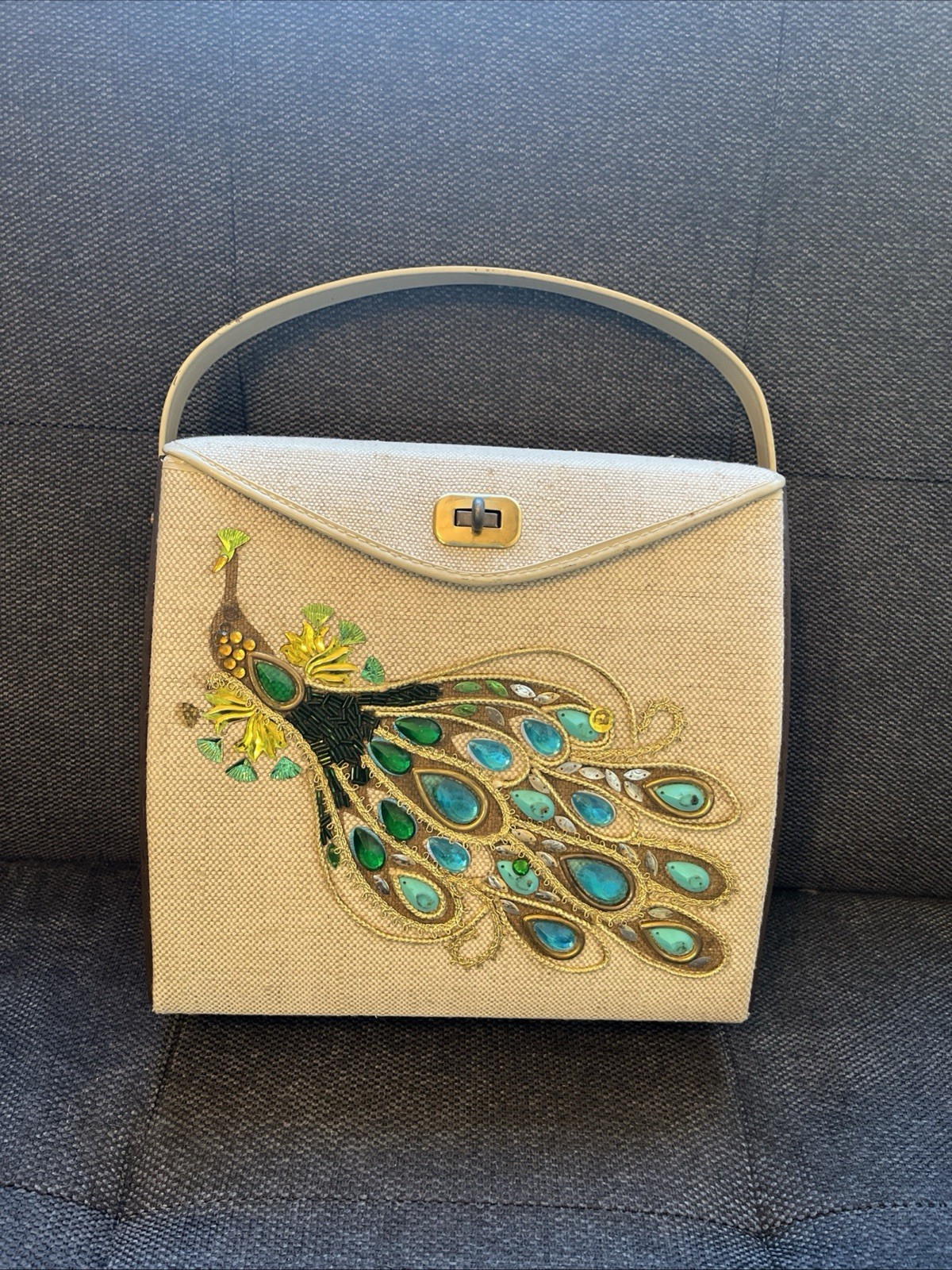 Vintage Handbag Beaded Jeweled Peacock Natural Fabric  Hardbody Wood Sides MCM