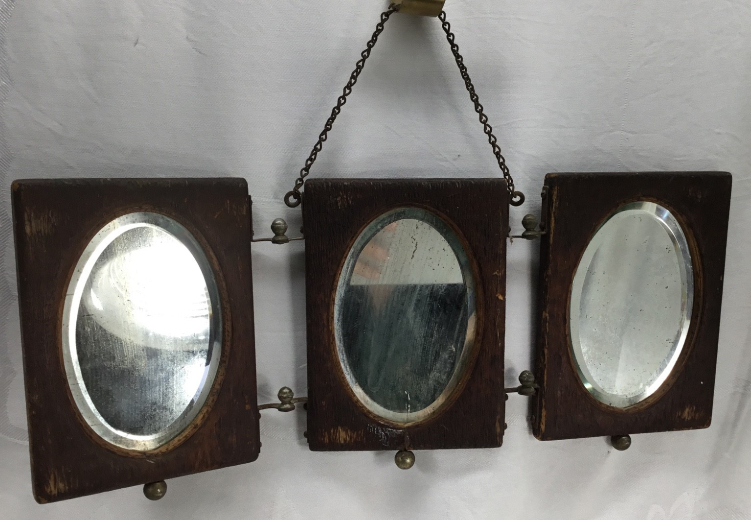Vintage primitive Pyrography 3 folding wood frames handmade w/Mirrors oval