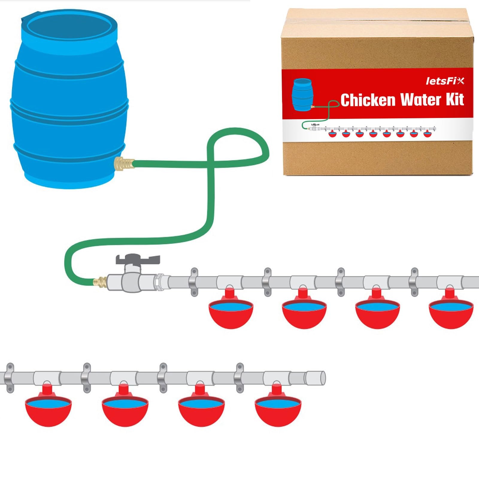 Automatic Chicken Watering System with 1/2" PVC Pipe & Hose Connector Kit, Le...