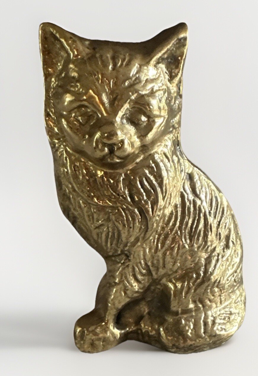 VTG Brass Cat Kitten Decorative Etched Figurine Paperweight  Approx 4” Tall MCM