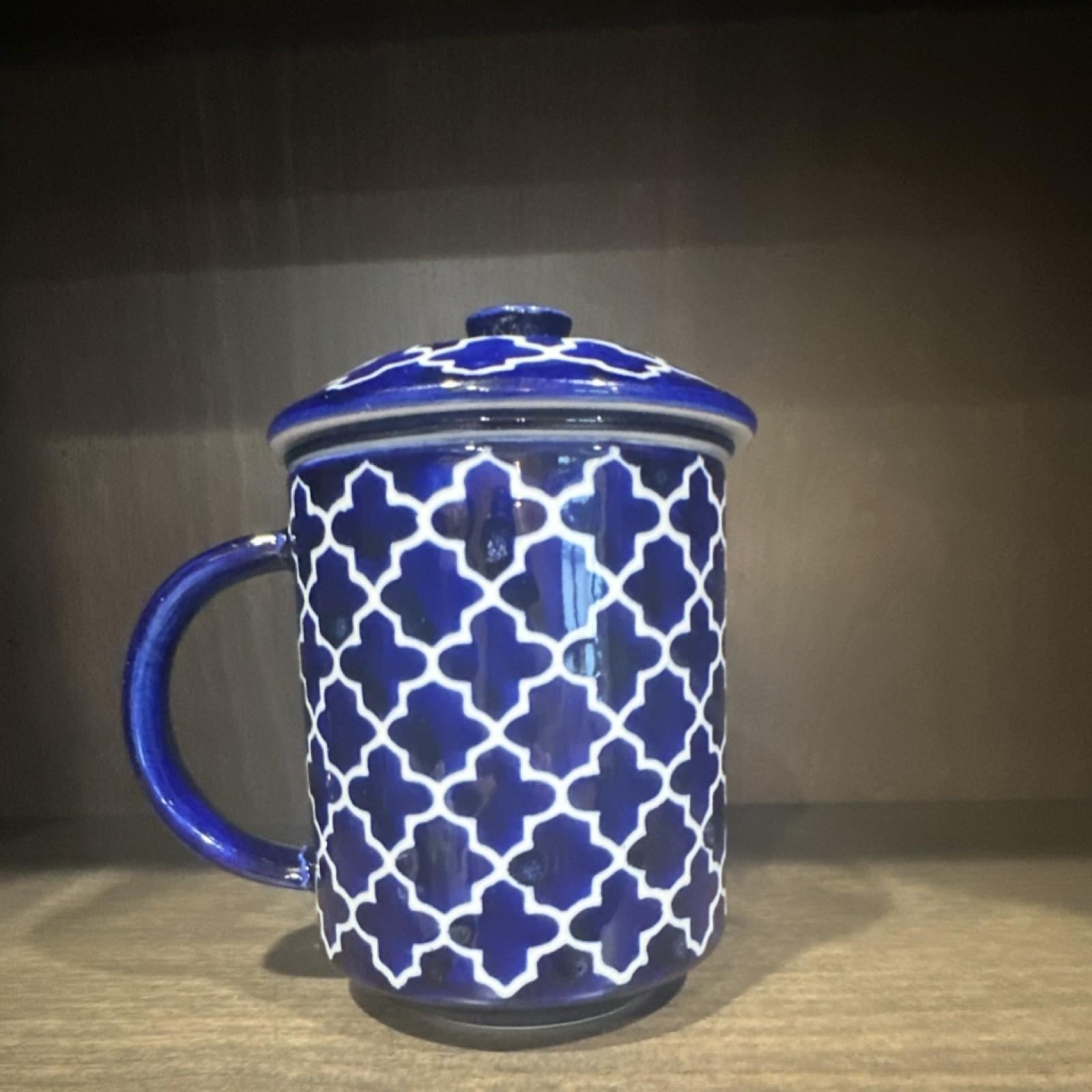 Teavana Geometric Blue Ceramic Stoneware Teacup Infuser with Lid