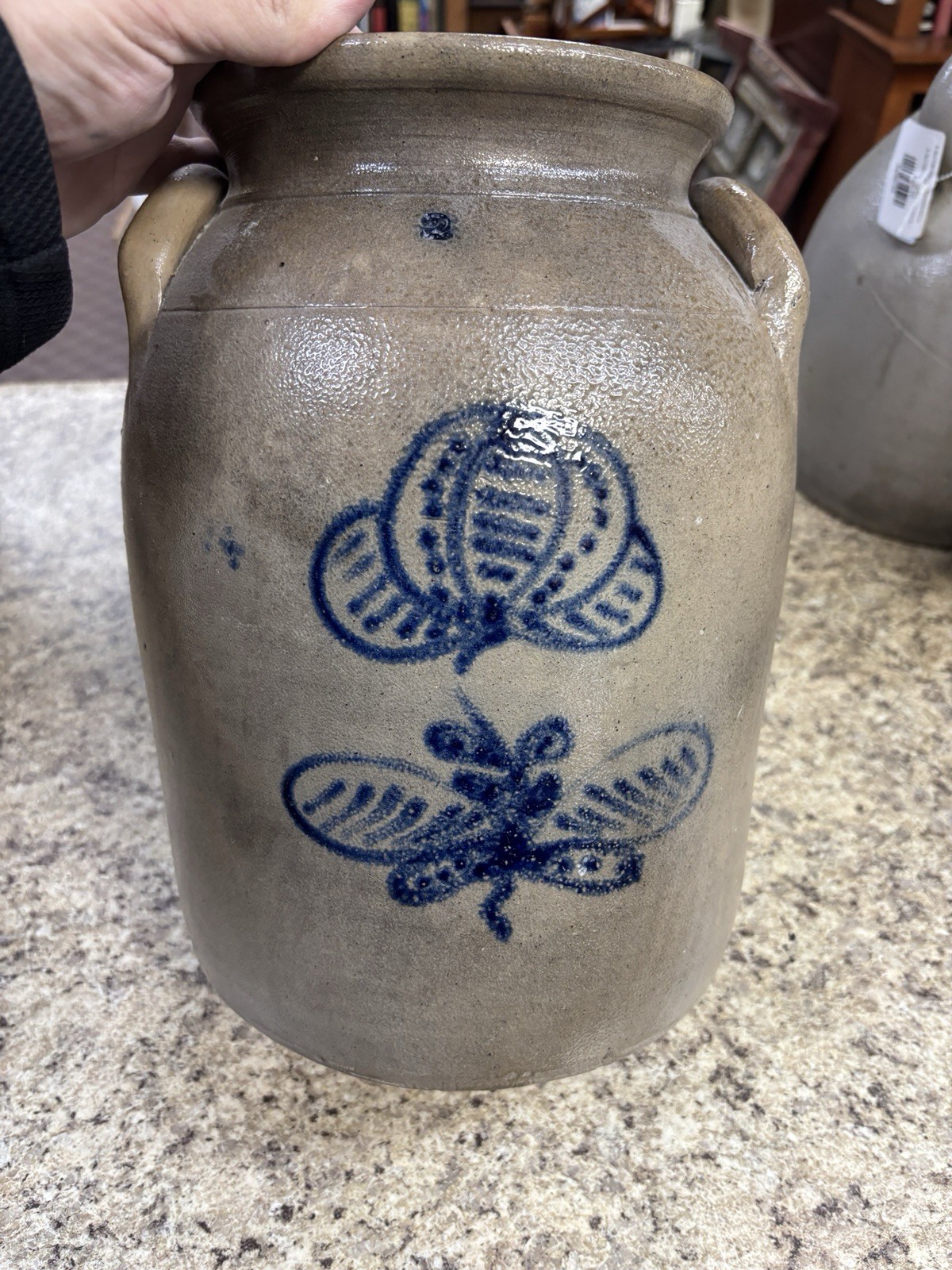 Antique 2 Gallon Stoneware Crock Cobalt Decorated Salt Glaze. 12x9x9". Roughly.