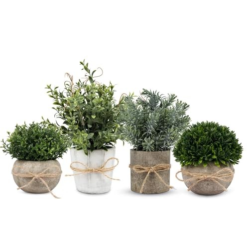 4 Pack Small Fake Plants in White Pulp Pot for Home Decor, Green Rosemary II