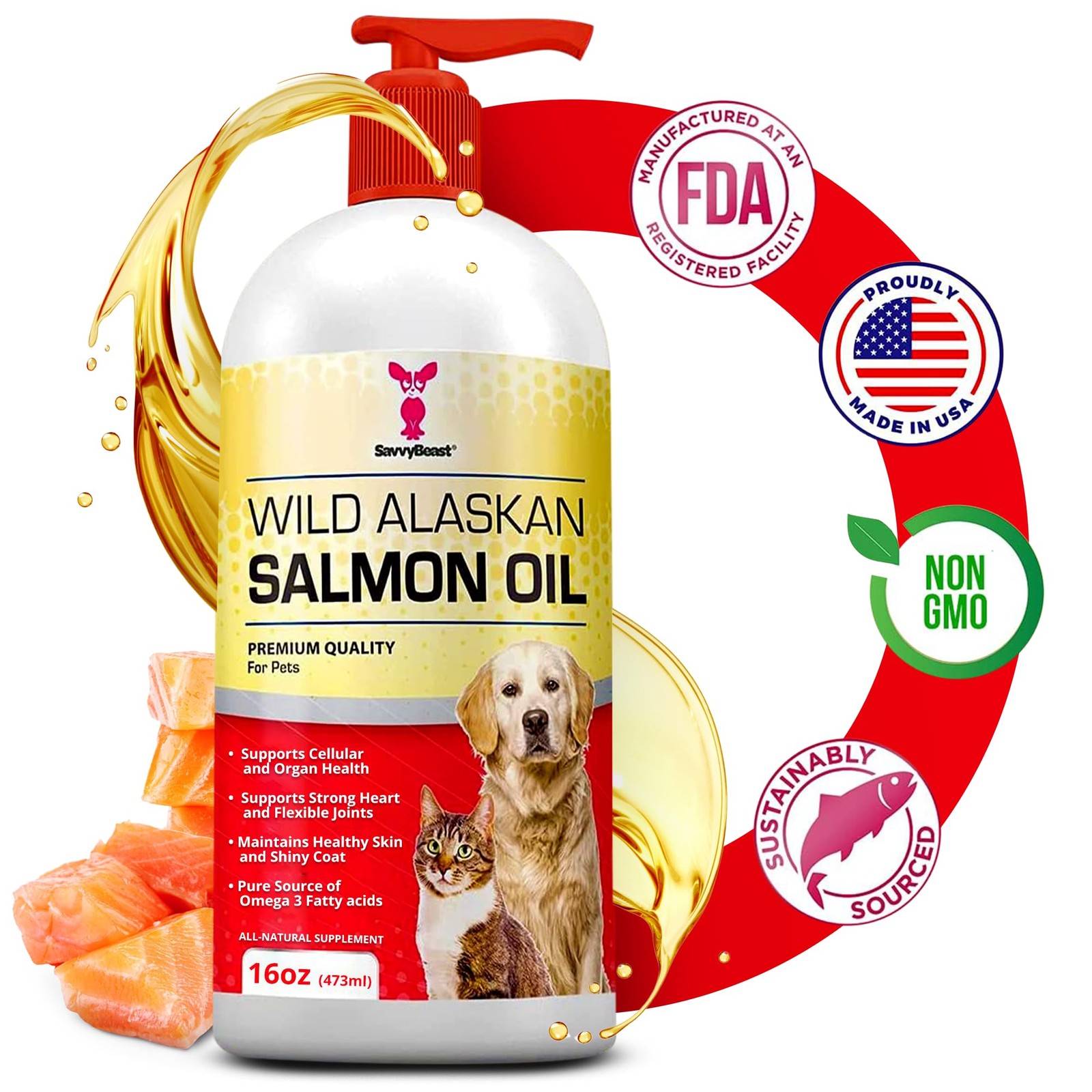 SavvyBeast Wild Alaskan Salmon Oil for Dogs, Cats & 16oz, Natural, May Vary 