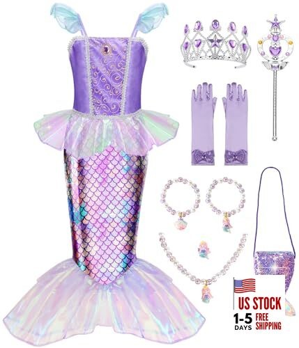  - Little Mermaid Costume with Bag for Girls 3-10, 5-6 Years Mermaid Dress