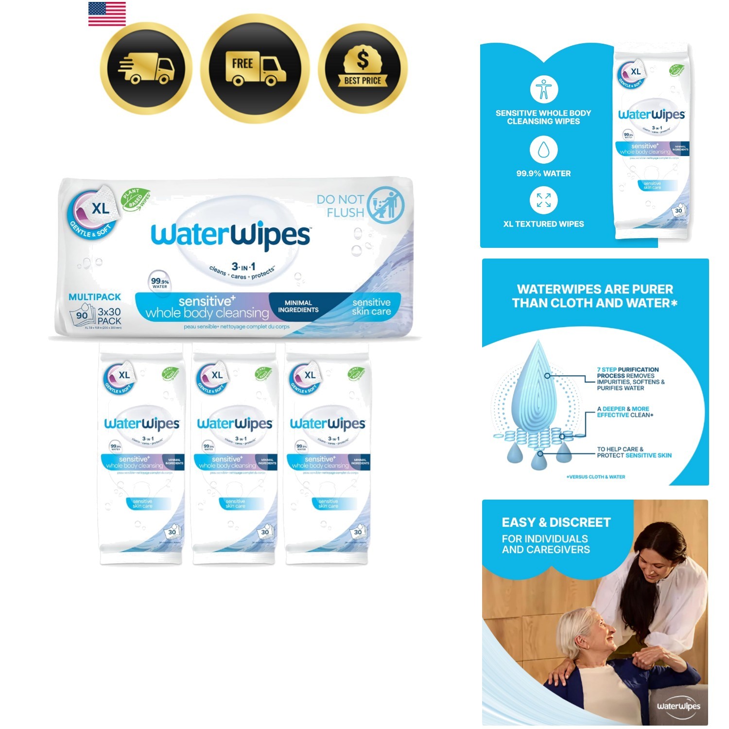 Sensitive Whole Body Cleansing Wipes, 99.9% Purified Water, XL Textured Wipes...