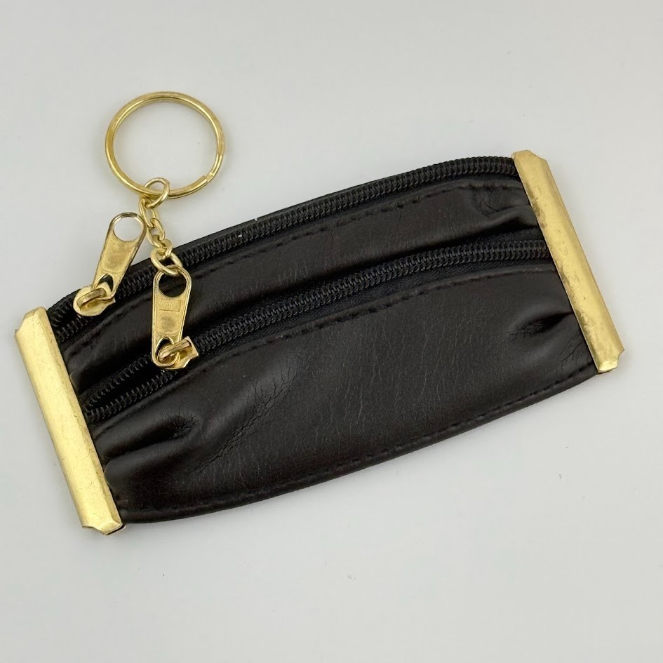 Vtg Zip Coin Purse Keyring Key Chain Black Change 2 Zipper Pouch