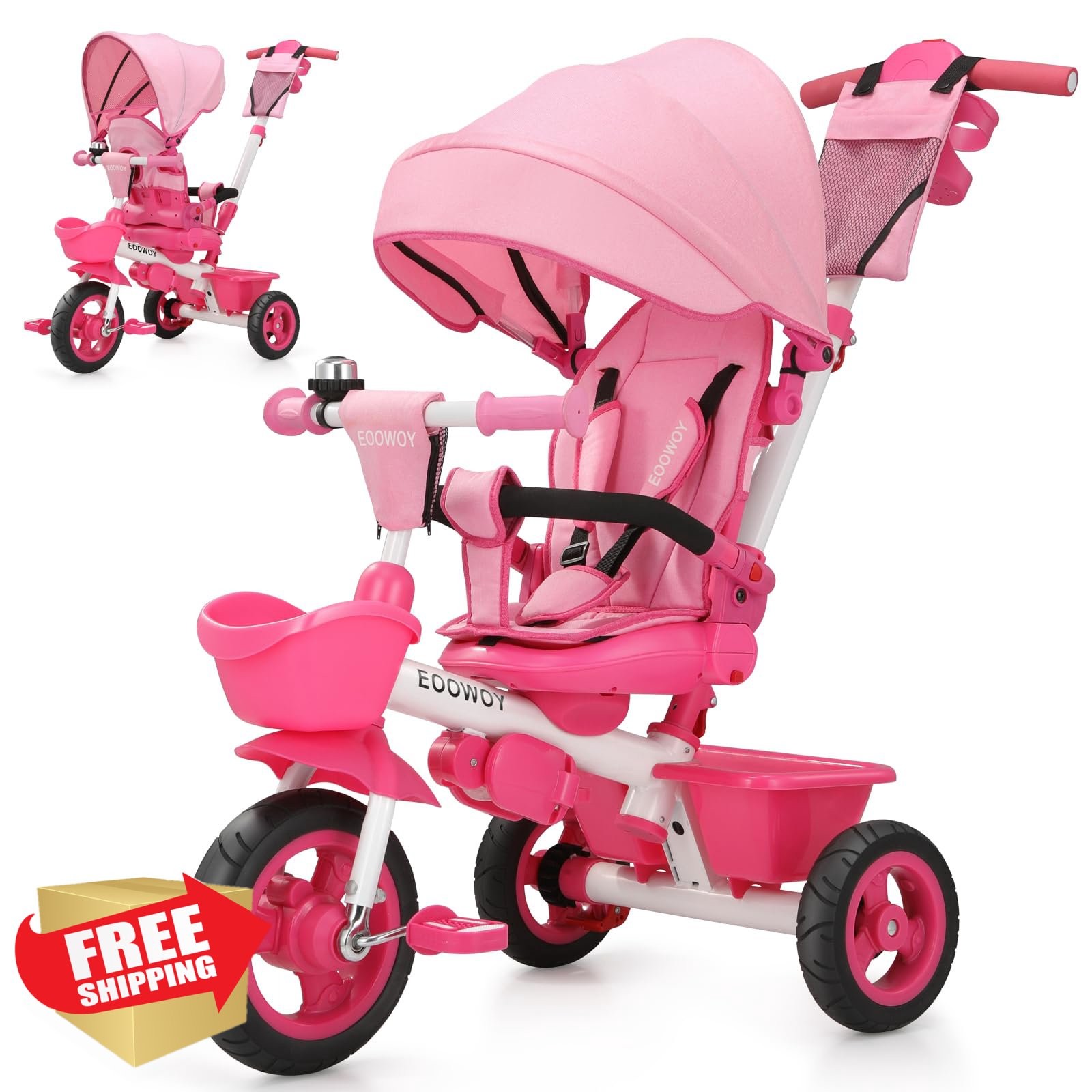 EOOWOY 7in1 Toddler Tricycle Push Handle Pink 18mo-5yr Stroller Trike