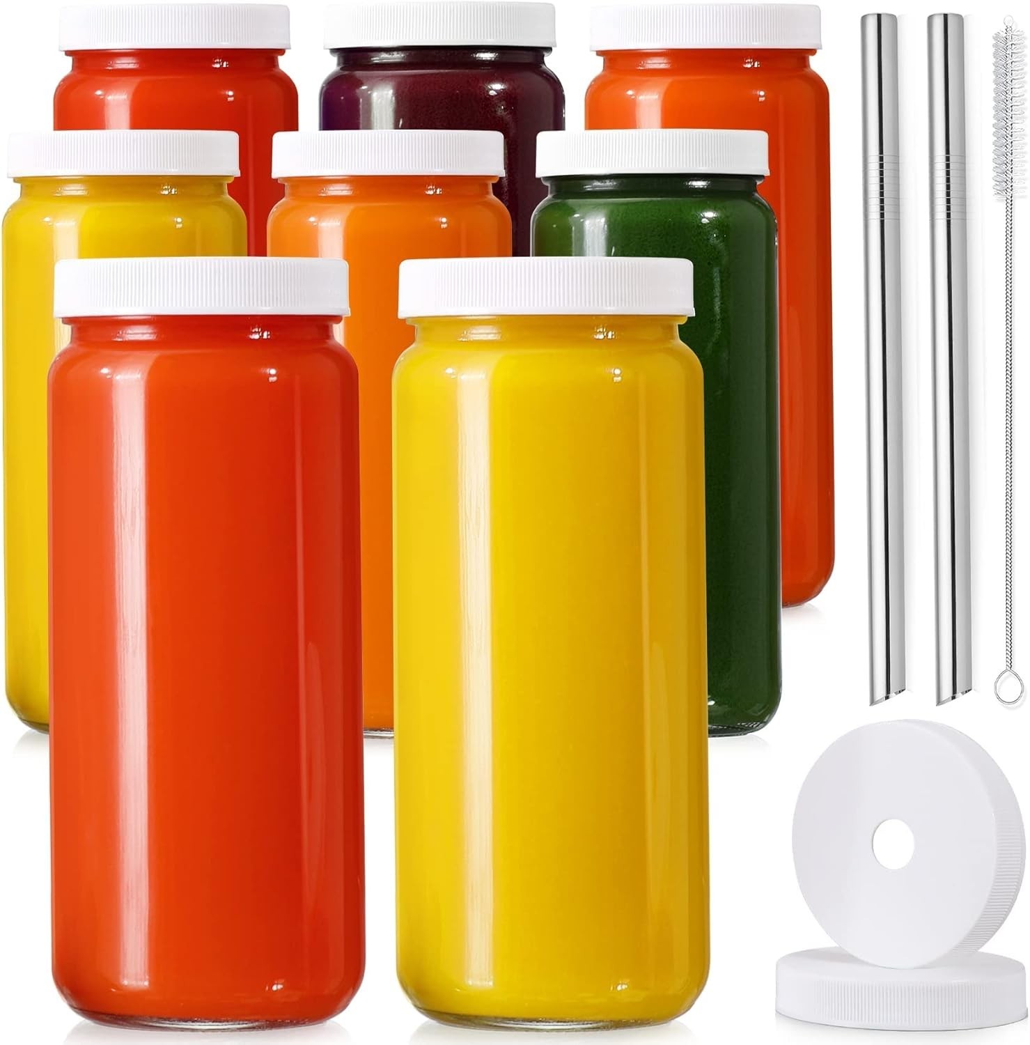 8 Pack ] Glass Juicing Bottles with 2 Straws & 2 Lids w Hole- 16 OZ Travel Dr...