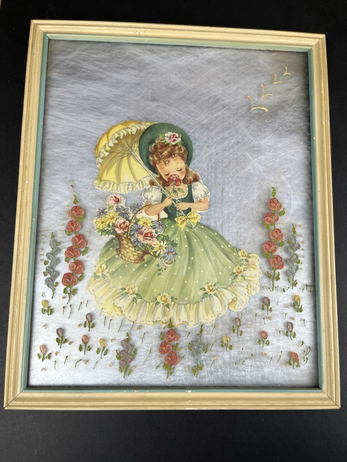 Vintage Mixed Media Wall Art Die-Cut Paper Girl & Textured Hand Painted Flowers