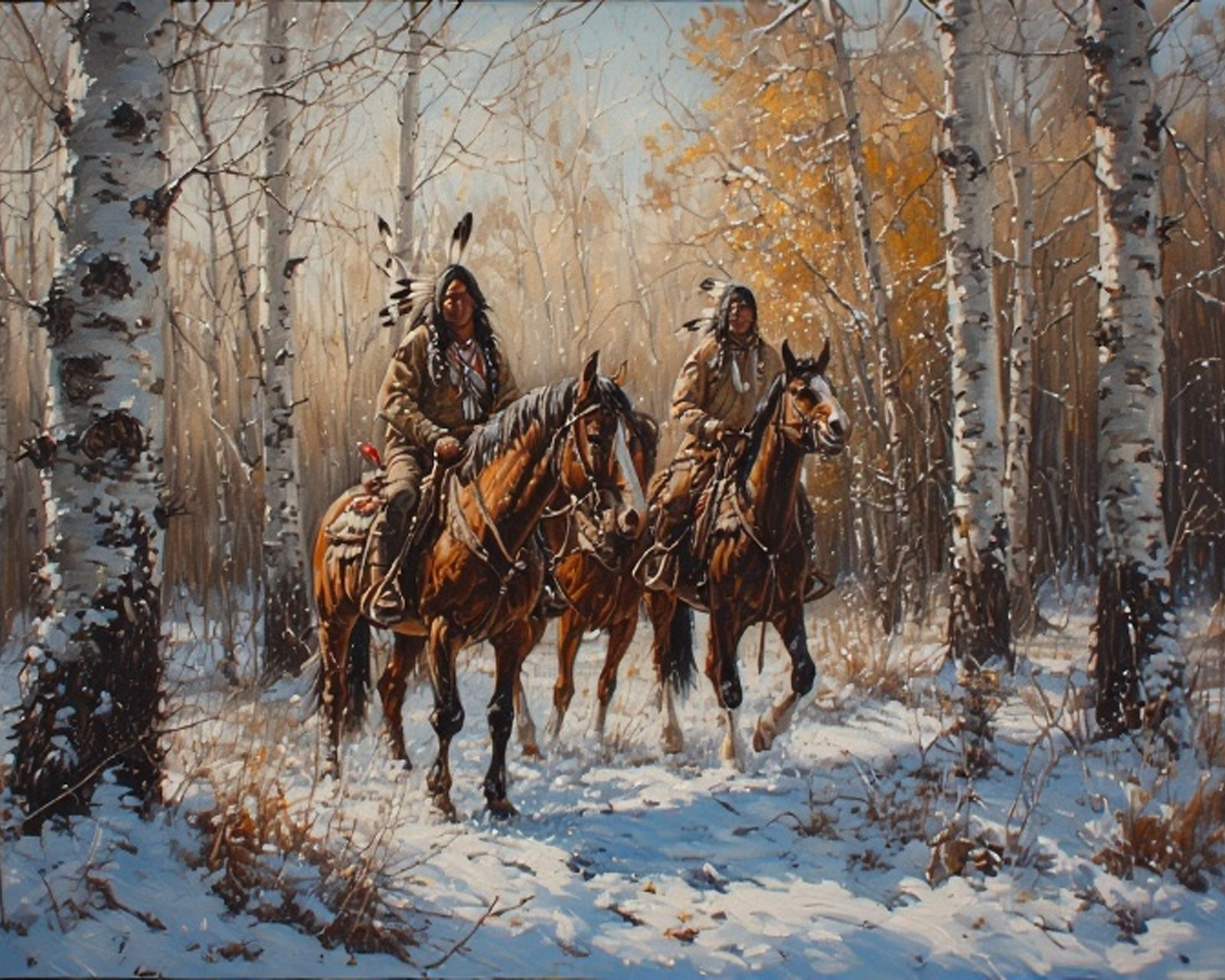 vintage illustration 2 native americans aspen forest snow Art Poster 8x10"